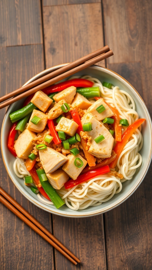 Quick chicken noodle stir-fry with vegetables and chicken on a plate, garnished with green onions.